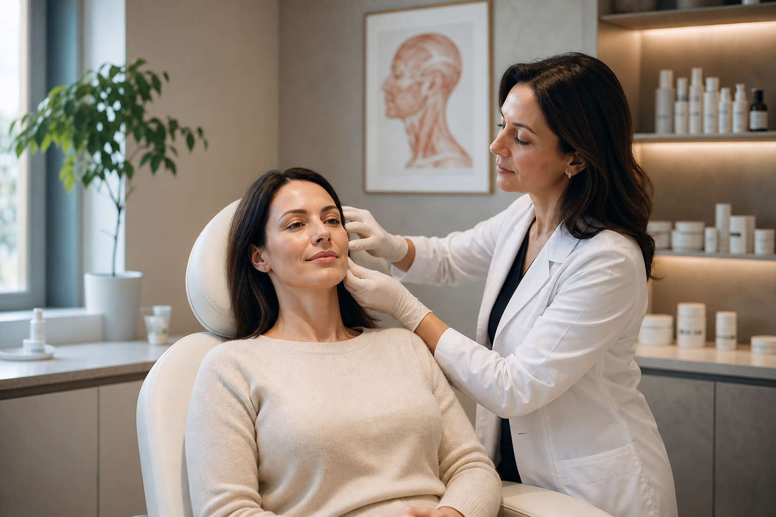 Médica dermatologista de jaleco branco, avalia o rosto de uma paciente, sentada na cadeira do consultório