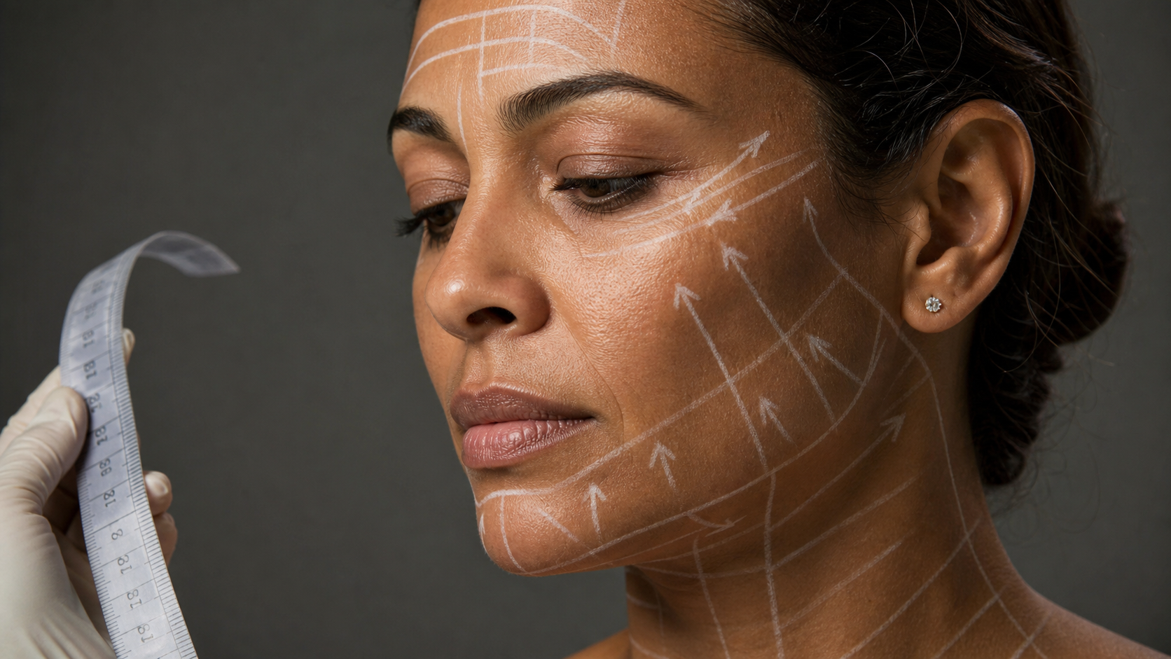 Close do rosto de uma mulher parda de 40 anos com marcações de lápis dermatográfico ao longo da mandíbula e da região malar, indicando o planejamento das zonas de aplicação do HIFU.