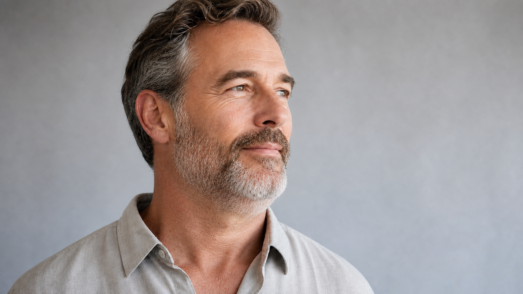 Homem adulto de perfil três-quartos, com barba curta grisalha, em fundo neutro, com a linha do queixo e a região submentoniana em evidência.