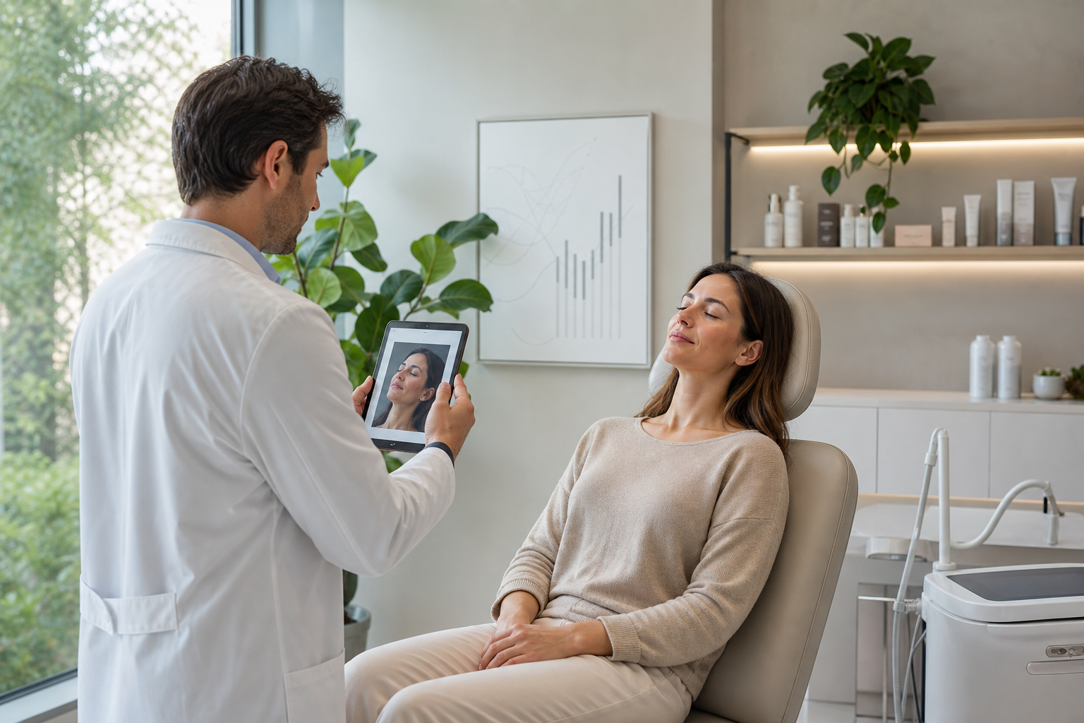 Médico com jaleco branco tira fotos da paciente no consultório