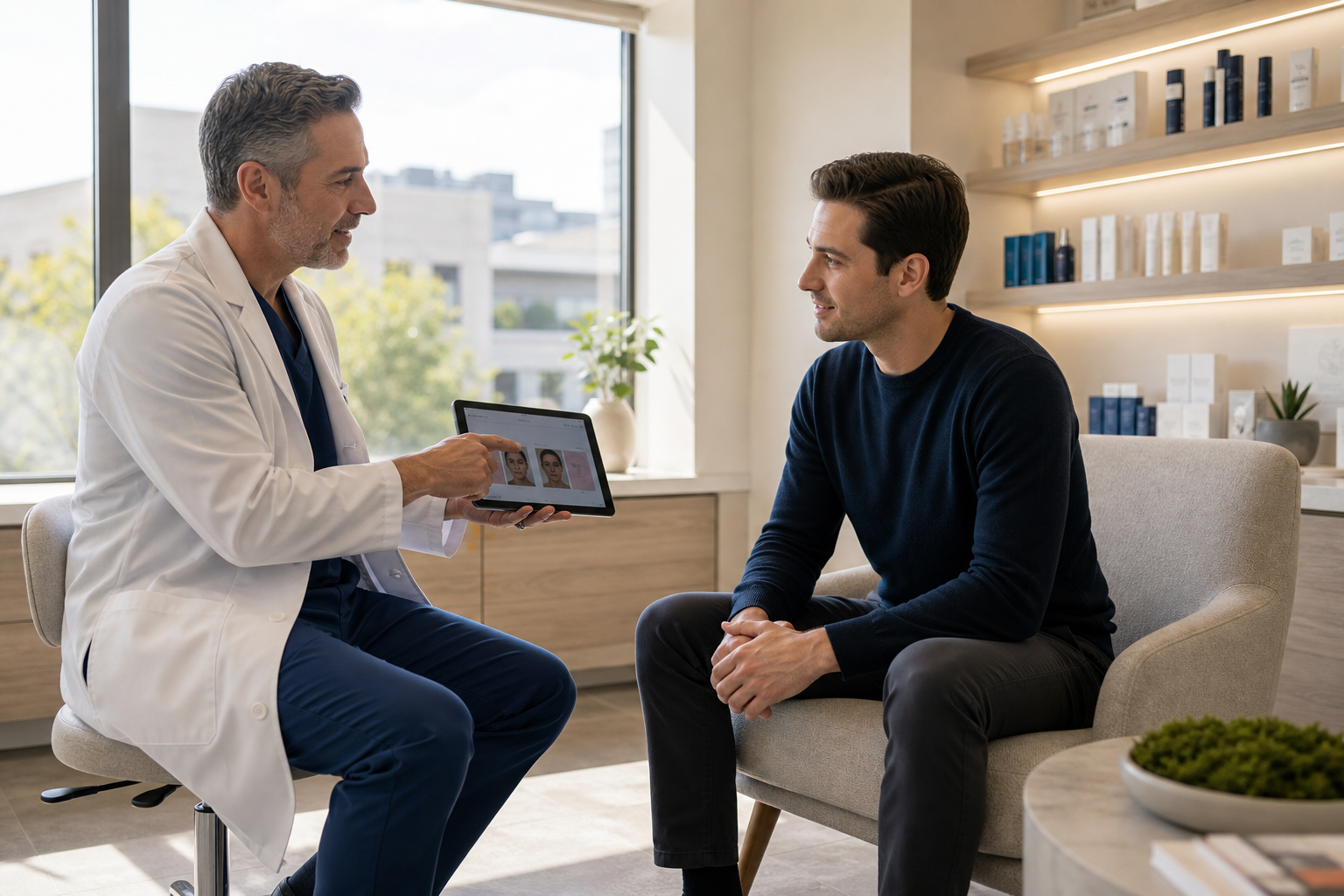 Médico com um tablet na mão, mostrando tratamentos a um paciente homem